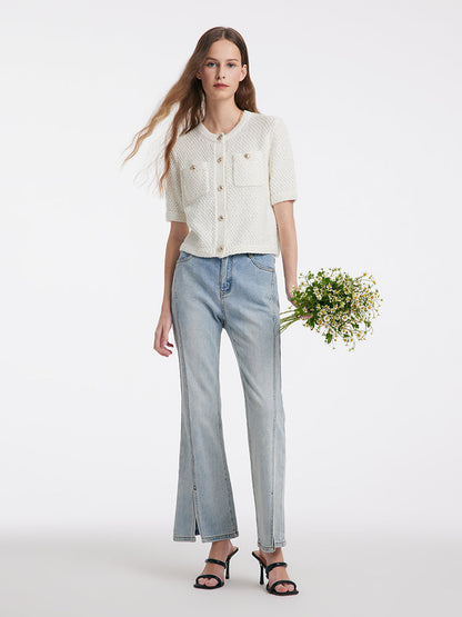 Women's Chic Beige Short Sleeve Cardigan with Buttons | Ideal for Autumn/Winter