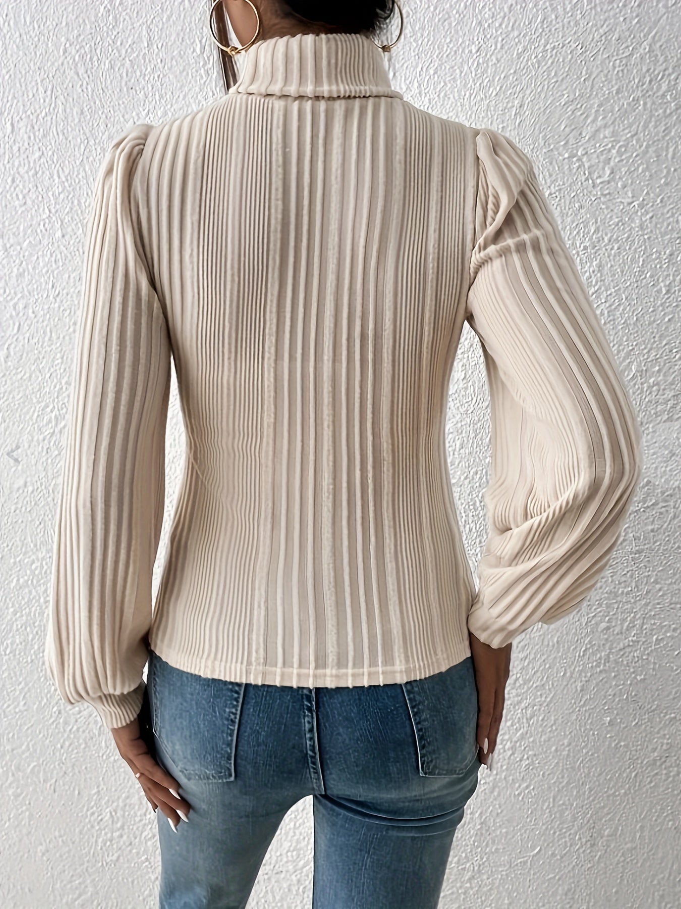 Women's Elegant Beige Ribbed Turtleneck Jumper | Ideal for Autumn/Winter