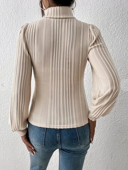 Women's Elegant Beige Ribbed Turtleneck Jumper | Ideal for Autumn/Winter