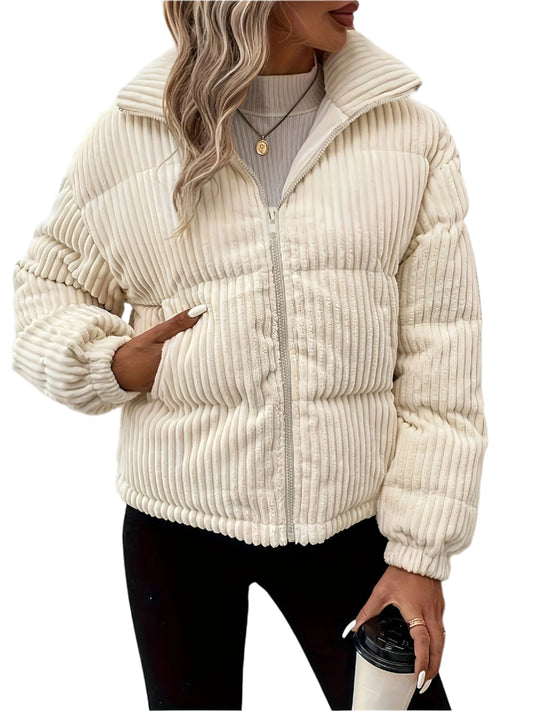 Women's Solid Beige Ribbed Puffer Jacket with Zip | Ideal for Autumn/Winter