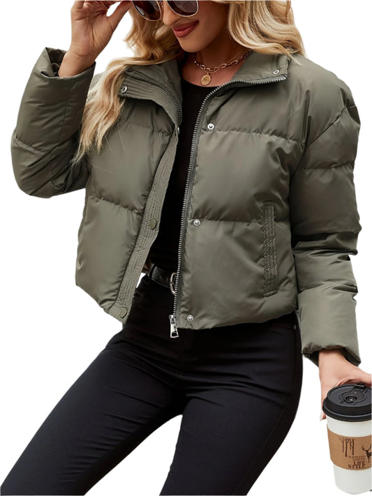 Women's Cropped Zip-Up Puffer Jacket with Button Detail | Ideal for Autumn/Winter