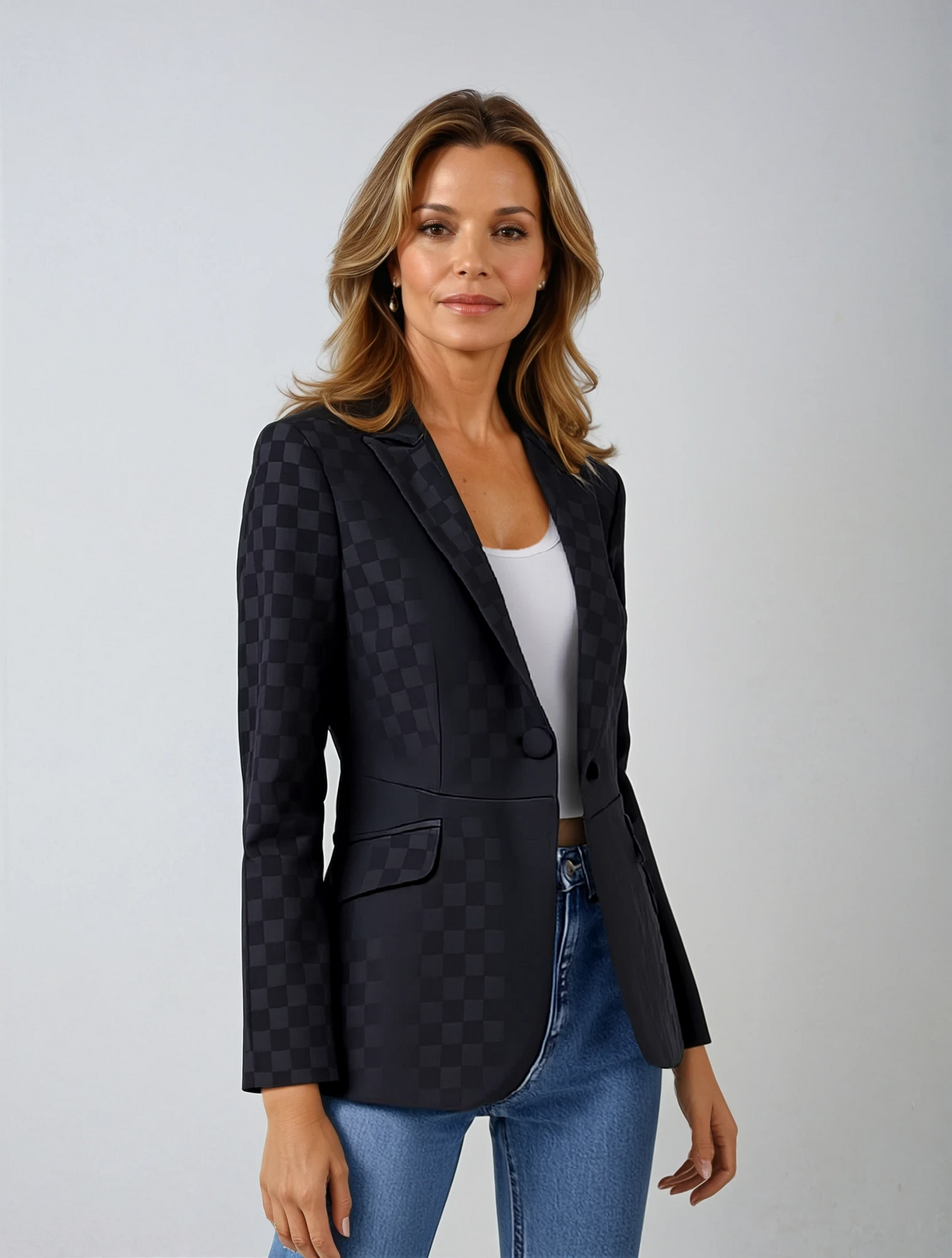 Women's Mid-Length Tweed Blazer with Pockets and Straight Silhouette for All Seasons