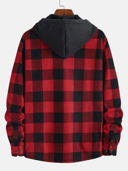Men's Hooded Shirt with Fleece Lining, Long Sleeves and Button Closure for Autumn Use