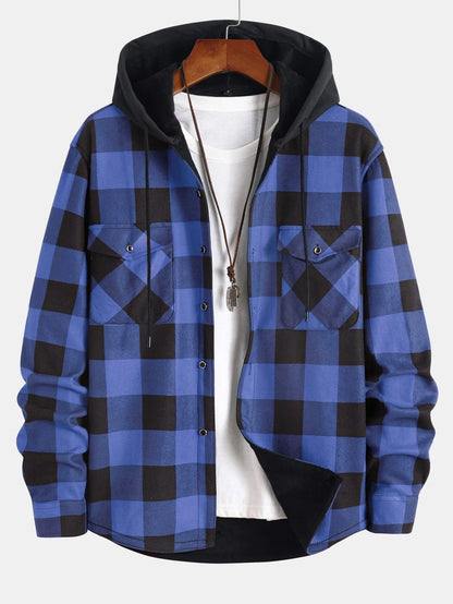 Men's Hooded Shirt with Fleece Lining, Long Sleeves and Button Closure for Autumn Use