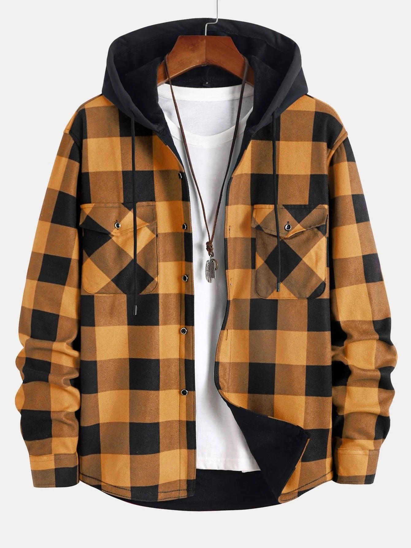 Men's Hooded Shirt with Fleece Lining, Long Sleeves and Button Closure for Autumn Use