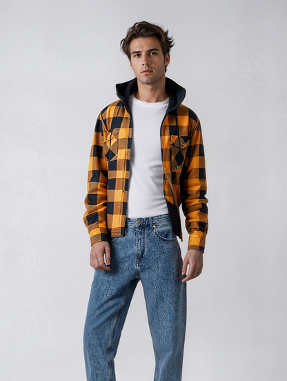 Men's Hooded Shirt with Fleece Lining, Long Sleeves and Button Closure for Autumn Use