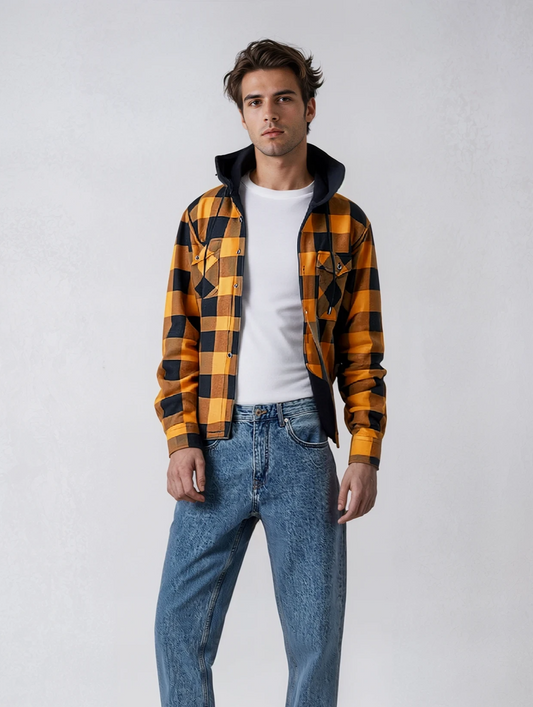 Men's Hooded Shirt with Fleece Lining, Long Sleeves and Button Closure for Autumn Use