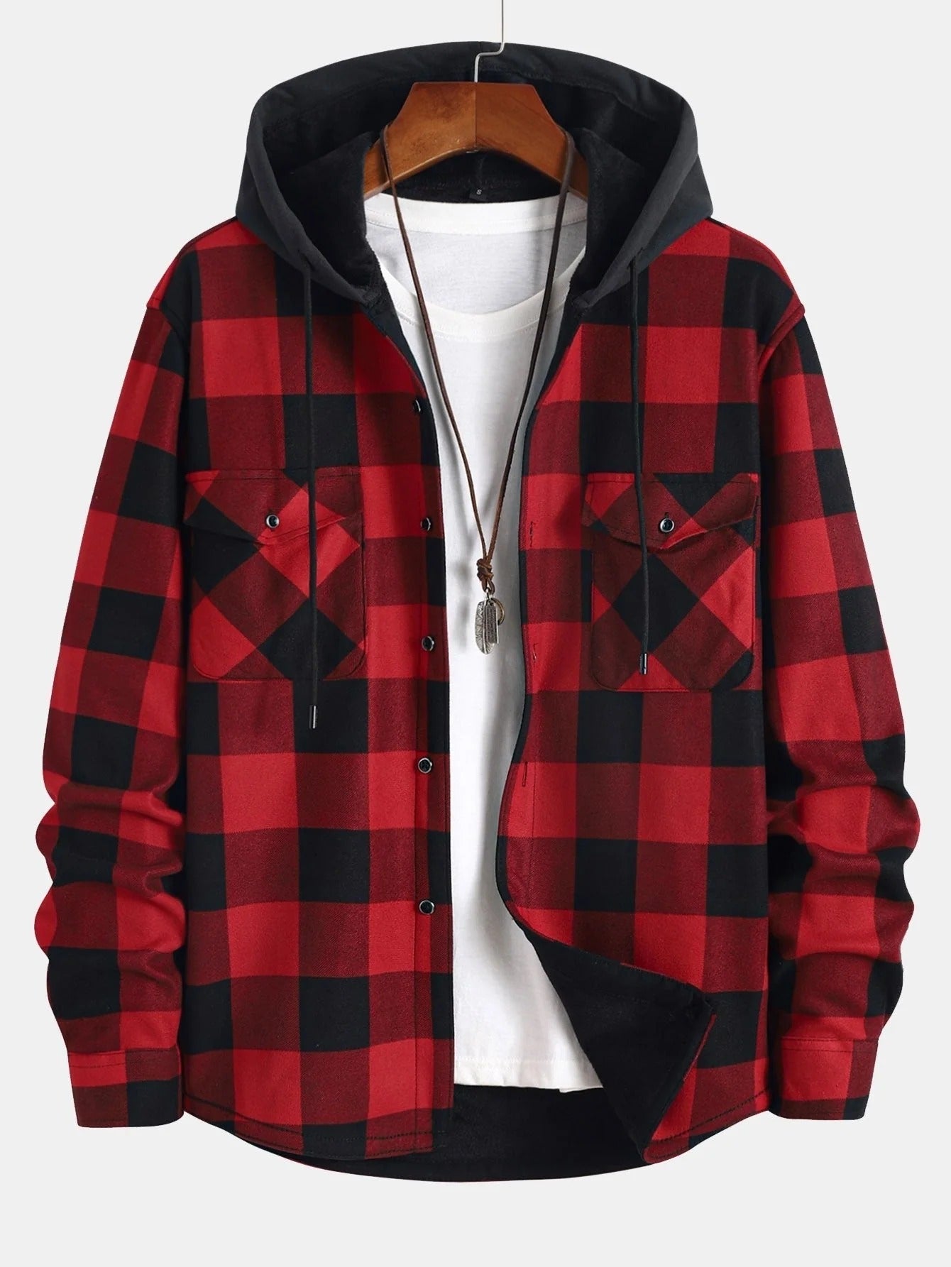 Men's Hooded Shirt with Fleece Lining, Long Sleeves and Button Closure for Autumn Use