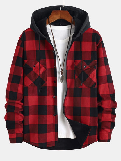 Men's Hooded Shirt with Fleece Lining, Long Sleeves and Button Closure for Autumn Use