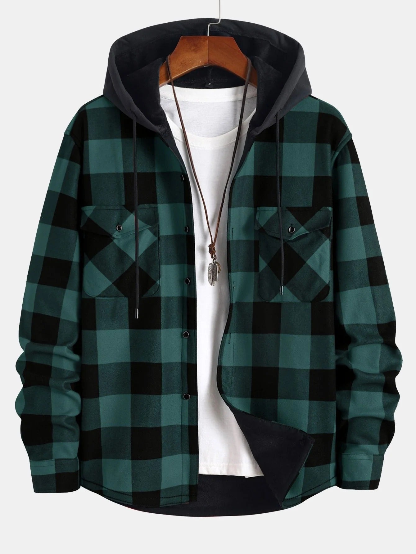 Men's Hooded Shirt with Fleece Lining, Long Sleeves and Button Closure for Autumn Use