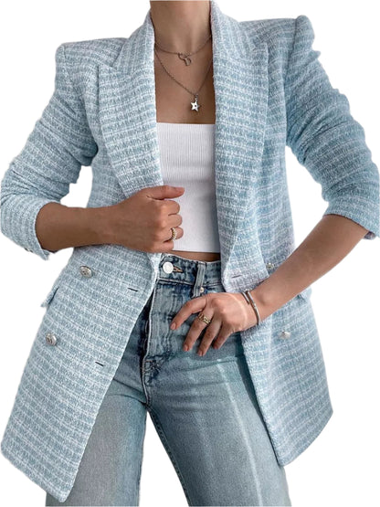 Women's Mid-Length Light Blue Blazer with Buttons | All-Season Wear