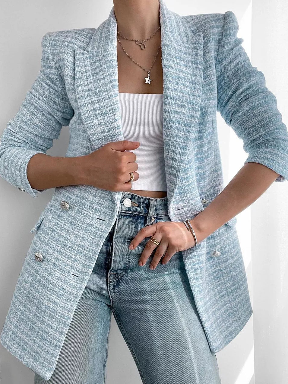 Women's Mid-Length Light Blue Blazer with Buttons | All-Season Wear